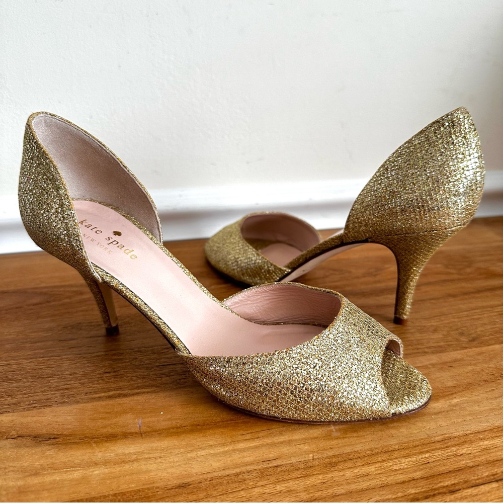 Kate Spade Women Size 8.5 Sage Gold Glitter D’Orsay Heels Peep Toe Dress Shoes